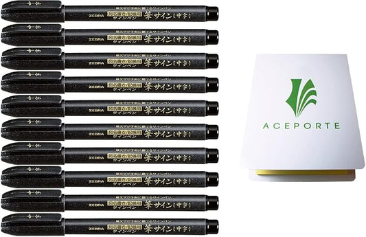 Zebra Fude Sign Brush Pen Medium (WF3), Calligraphy Pen for Art Drawings, Manga Illustration, Water-Resistant Black Ink, Pack of 10 & Original Sticky notes