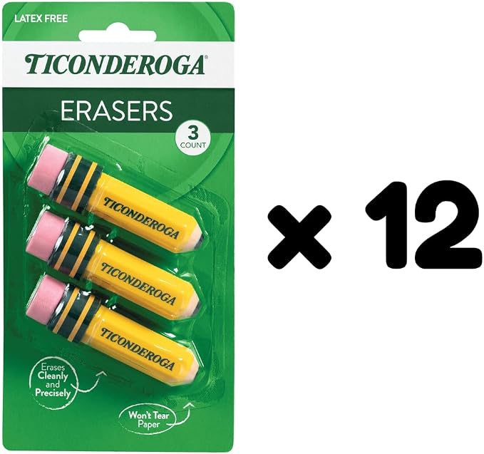 Ticonderoga Pencil Shaped Erasers, 3 Erasers/Pack, 12 Packs | Yellow, 0.75" x 2.875", #38953