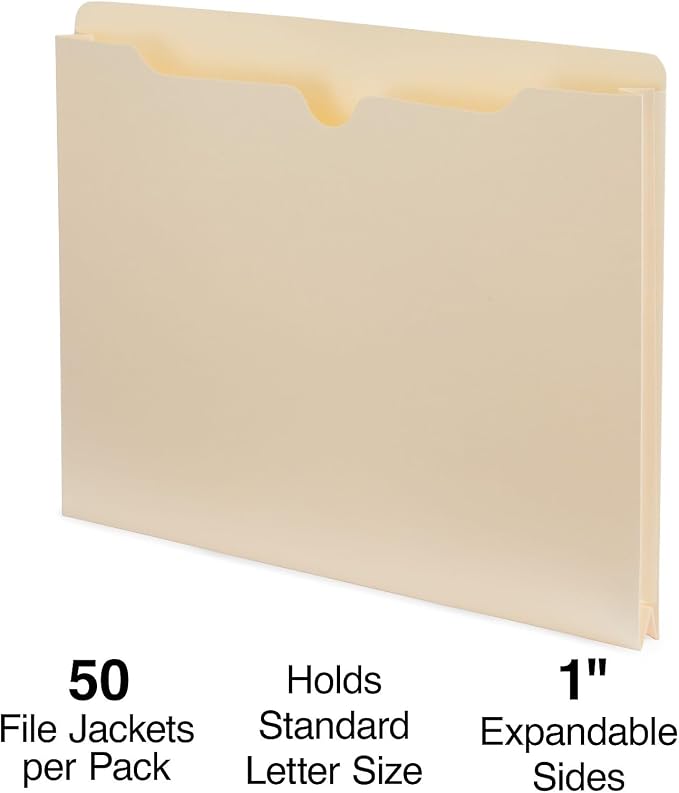 Staples File Jackets, Letter Size, 1‑Inch Expansion, Manila, Durable Reinforced Paper Construction – 100/Carton
