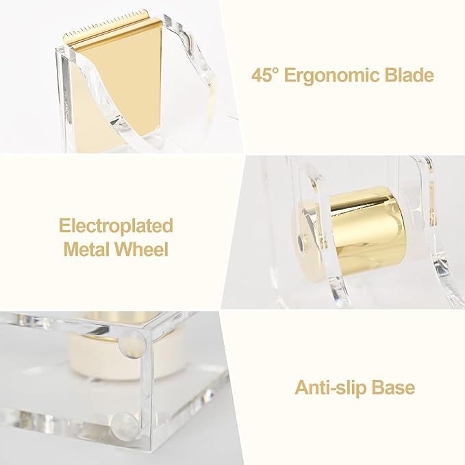 2-Pack Transparent Tape Dispenser, Modern Desktop Acrylic Tape Dispenser Kit, Non-Slip Rubber Holder Buttom, Desktop Adhensive Tape Cutter Holder for Office Desk, Home, School-Gold