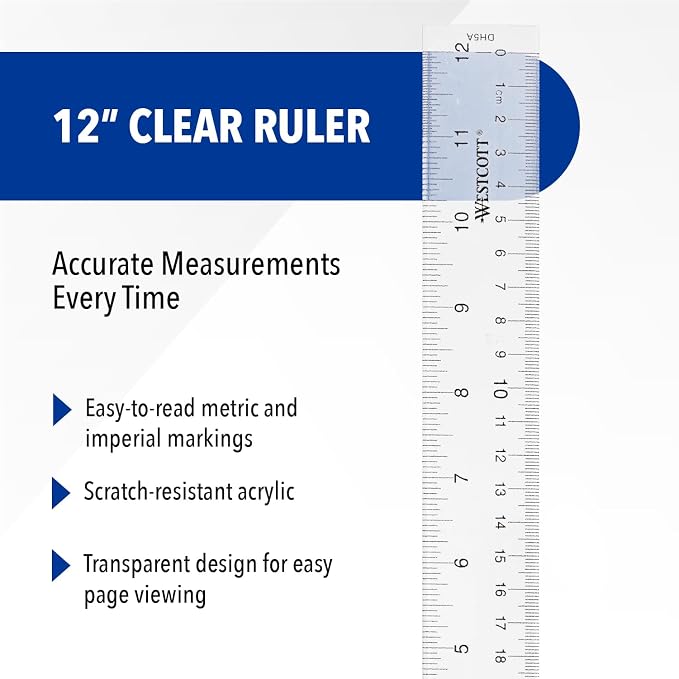 Westcott Acrylic Clear Rulers Set, Easy-to-Read Markings, Scratch-Resistant Design, Raised Beveled Edges, for Crafting, Office, Classroom, Back to School, School Supplies, 12-Inch, 3 Pack