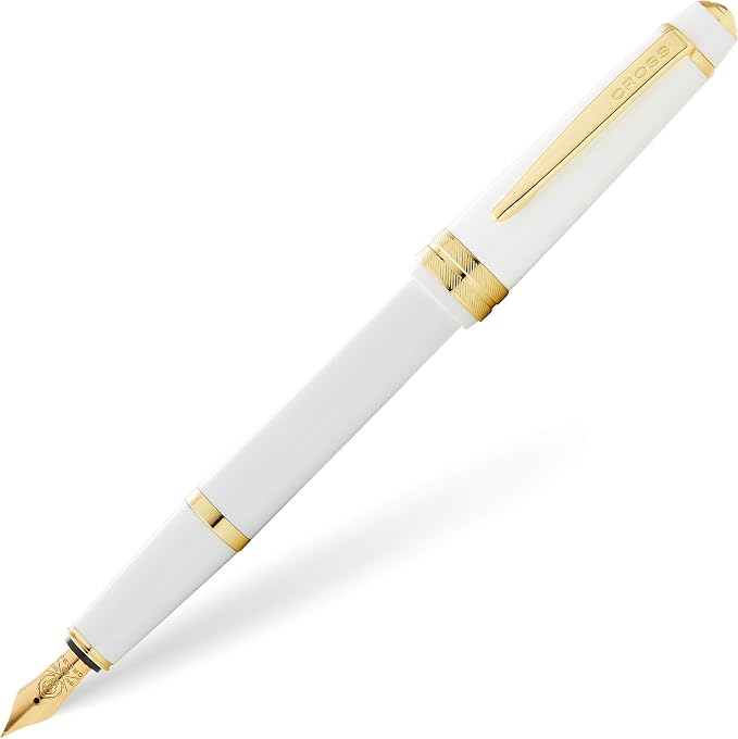 Cross Bailey Light Polished White Resin and Gold Tone Extra-Fine Nib Fountain Pen - Professional Pen for Effortless Writing - Journaling, Note-Taking & More - Black Ink - Easy Handling