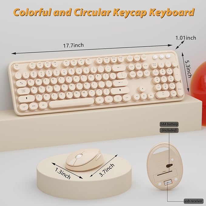 Wireless Keyboard,KOOTOP Cute Colorful 104 Keys Typewriter Retro Round Keycaps Keyboard for PC Laptop,Desktop,Windows, Home and Office Keyboards, s500 coffee