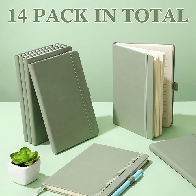 Laumoi 14 Pack Hardcover Journal Notebooks Bulk A5/A4/B5 Journaling Notebook Wide Ruled PU Leather Ruled Lined Journals with Pen Holder for School Business Work Writing (Sage Green,A5)