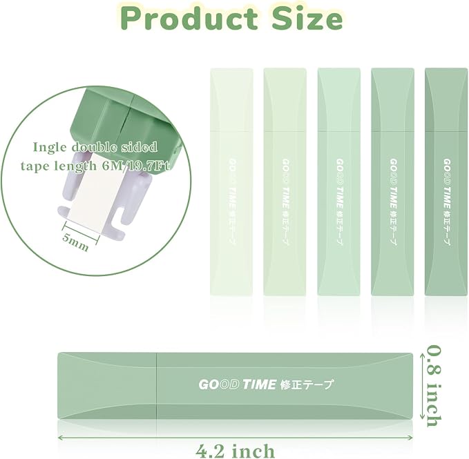 Temiary 5Pcs Beige Correction Tape, Cream Core Pull Out White Tape, Green | 0.19 In × 19.6 Ft, Smooth Aesthetic Applicator for Wrong Writing School Office Supplies