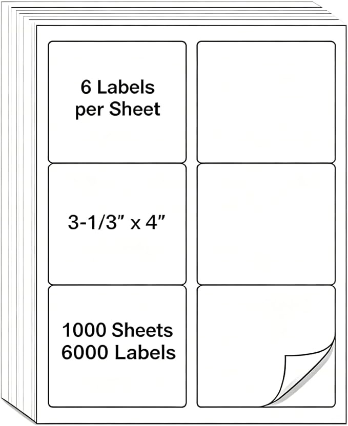 MPRT 1000 Sheets 3-1/3" x 4" Shipping Address Labels Printable Label Stickers Paper for Laser/Inkjet Printer 6 per Page Mailing Labels, FBA Box Labels - Matte, 6000 Labels