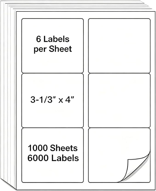 MPRT 1000 Sheets 3-1/3" x 4" Shipping Address Labels Printable Label Stickers Paper for Laser/Inkjet Printer 6 per Page Mailing Labels, FBA Box Labels - Matte, 6000 Labels