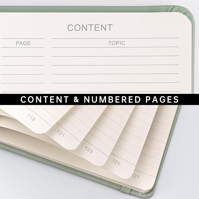 AHGXG Lined Journal Notebook, 192 Numbered Pages, A5 Size (5.7'' x 8.3'') | College Ruled Notebook for Men & Women, Writing, Work & Office, Leather Hardcover, 100 GSM Thick Paper (Light Green)