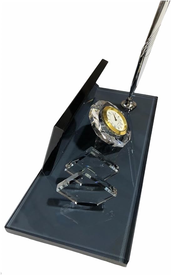 MOOGCO Modern Black Glass Desk Name Plate with Pen Holder, Clock, Cardholder - Desk Organizer