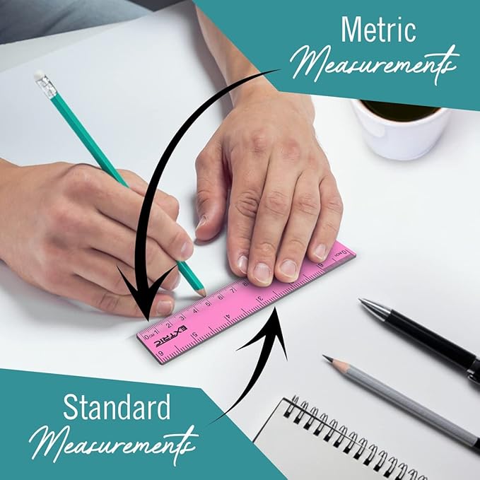 EXTRIC Rulers 6 Inch Bulk Classroom 12 PK Mini Ruler for Kids Metric, Inch | Clear Plastic Rulers in Assorted Colors That are Shatterproof and Great to Use in Classroom, Office, Home