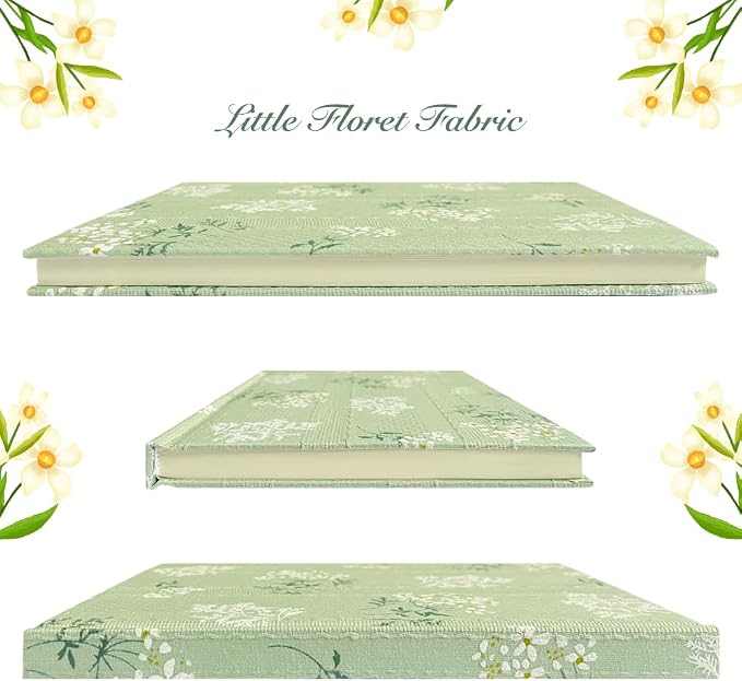 Floral Hardcover Notebook, Flower Journal for women, A5, 200 Pages, 6x8 Medium Lined Notebook, Floret Printed Fabric Cloth, Similar Embroidered Linen, Garden Journal, Green.