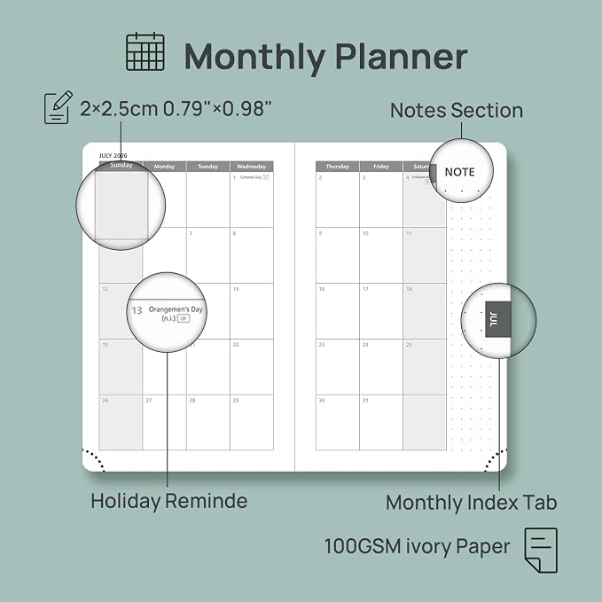 POPRUN 2026-2027 Small Weekly Planner, 4" x 6.25" Pocket Calendar for Purse | Academic Year (Jul 2026 - Jun 2027) Daily Planner with Lined Sections, Leather Hardcover, 100GSM Paper - Black