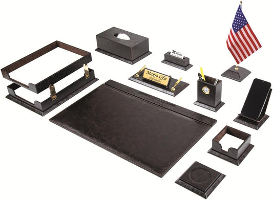 Bonded Leather Desk Organizer Set – Executive 12-Piece Desk Pads, Name Plate, Pens, Coasters & Office Accessories – Office Organization & Decor