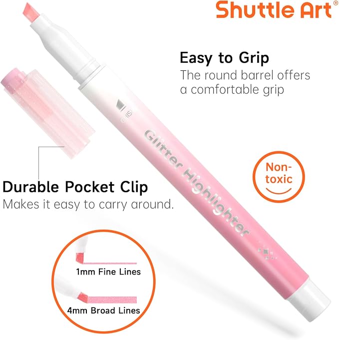 Shuttle Art Glitter Highlighters, 10 Sparkle Colors Chisel Tip Fluorescent Markers, Quick-Dry Non-Toxic Aesthetic Shimmer Highlighter Pens for Adults, Perfect for School Office Art Supplies