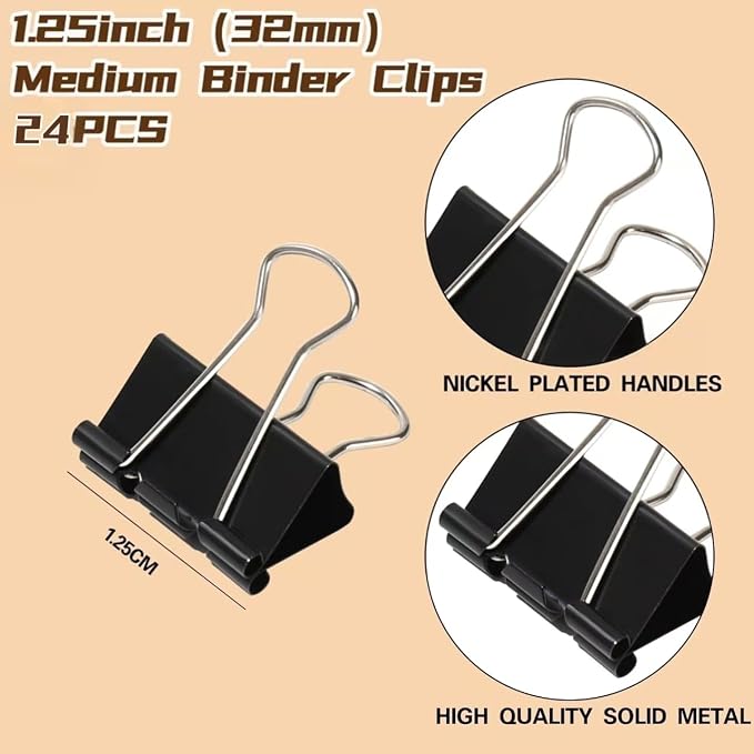 Binder Clips 1.25 Inch, 24 Pcs Black Medium Office Paper Clamps | Solid Metal Clips, Heavy-Duty Grip for Thick Docs, Great for Accounting, Teachers, Receipts & Daily Office File Sorting