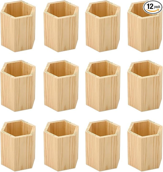 Cregugua 12 Pieces 4 Inch Wooden Pen Holder Hexagon shaped Unfinished Wood Pencil Holder for DIY Crafts (3x3x4 Inches)