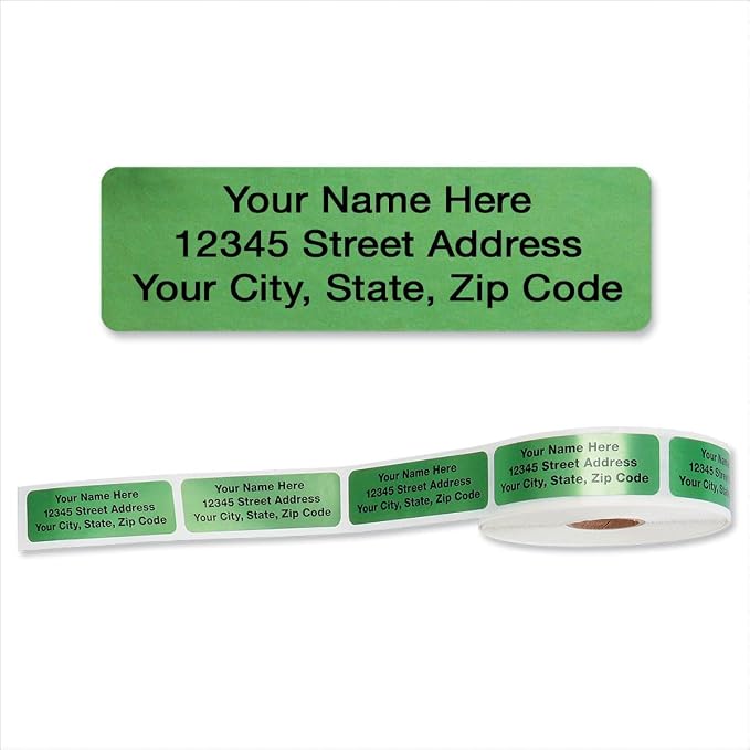 Colorful Images Green Metallic Foil Rolled Return Address Mailing Labels with Dispenser, Customize with Name & Shipping Address, 250 Self Adhesive, Easy Peel Sticker Label Roll, 3/4" x 2 1/2"
