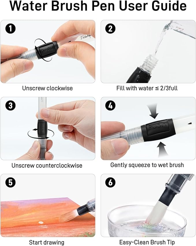 JusArt Water Brush Pens 6-Pack Leak-Proof Refillable Watercolor Pens for Acrylic and Gouache Painting - Includes Pointed & Flat Tip Styles - Portable Water Brushes for Artists, Beginners, Adults