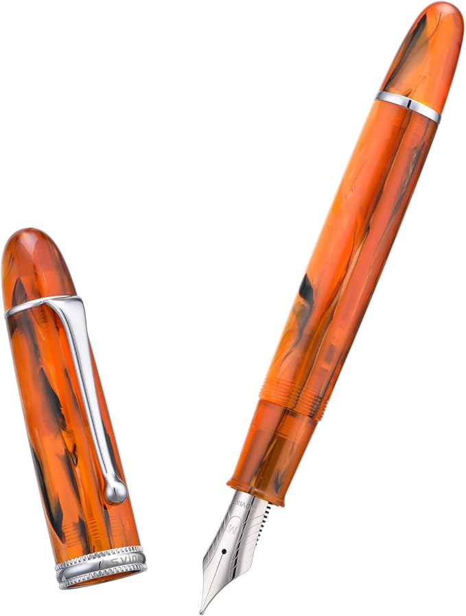 Asvine V800 Fountain Pen – Vacuum Filling System with Large Ink Capacity – Smooth Number 8 Fine Nib with Gift Case and Wrench- Amber Acrylic