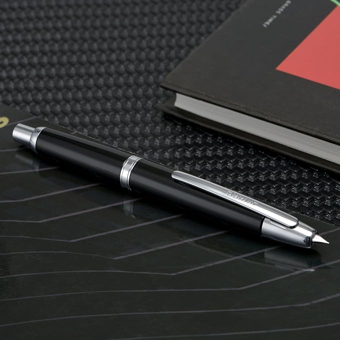 Jinhao 10 Press Fountain Pen with Box, Piano Black Retractable Fine Nib with Ink Converter Set (Silver Clip)