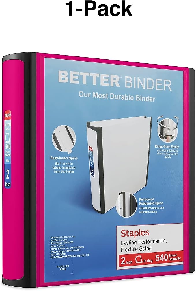 Staples Better Binder 2-Inch D-Ring View Binder, Reinforced Spine, Holds Up to 450 Sheets, Pink, for Office & School