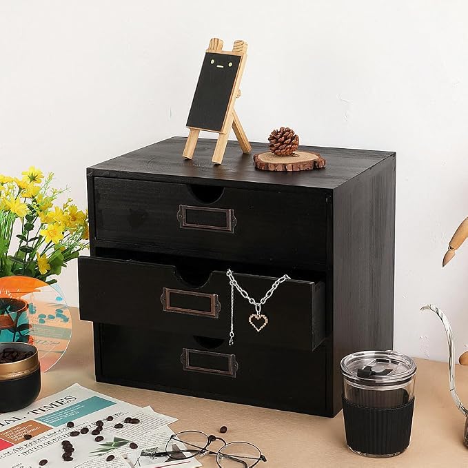Large Wooden Drawers Wooden Box with Drawer Black | 3 Drawer Storage Box for Apothecary Cabinet, Apothecary Drawers，Desktop Organizer with Metal Handles for Office，Home
