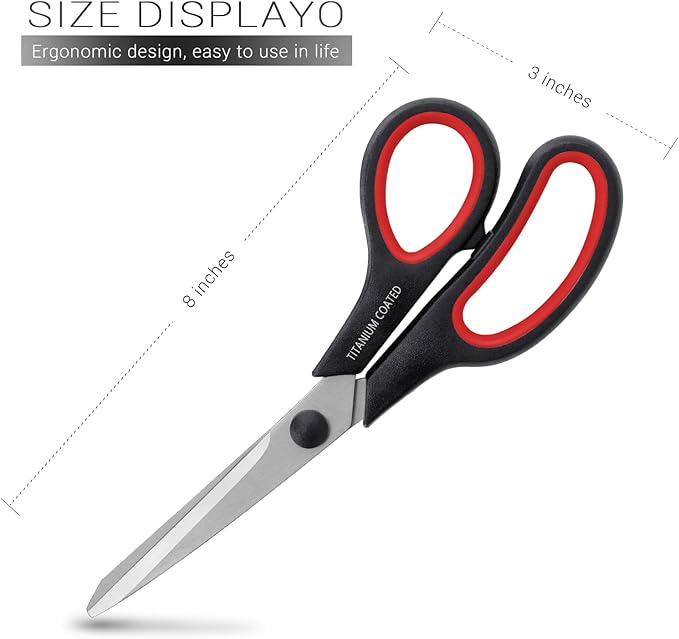 Scissors 8" Multipurpose Titanium Coated Sturdy Sharp, Black, 1 Pack | Right/Left Handed Comfort-Grip Handles, for Office Home School, Sewing Fabric Craft Supplies