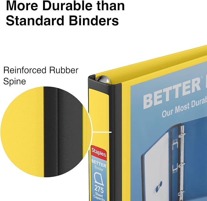 Staples Better Binder, 1" Heavy‑Duty D‑Ring 3‑Ring Binder, Yellow, Reinforced Spine, 275‑Sheet Capacity, Reliable School & Office Binder for Reports & Projects, 3‑Pack