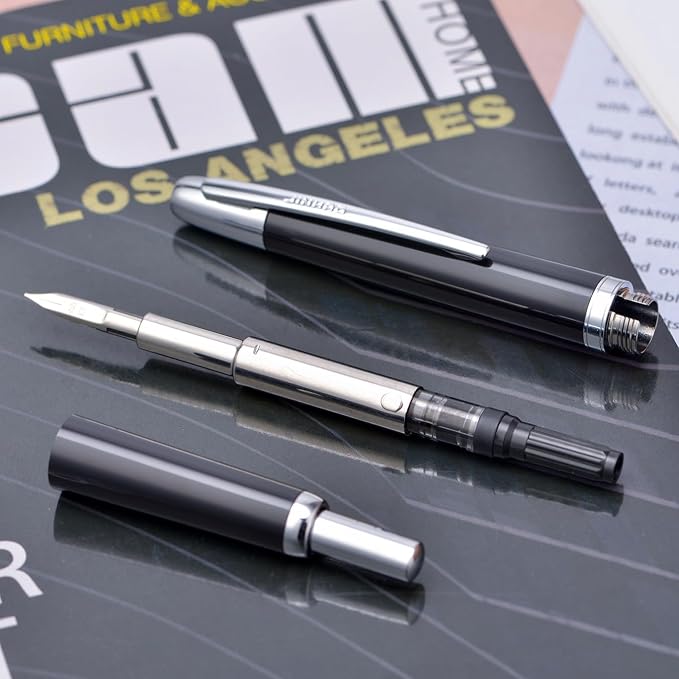 Jinhao 20 Press Retractable Fountain Pen Medium Nib with Converter Resin Writing Gift Pen, Vivid Black