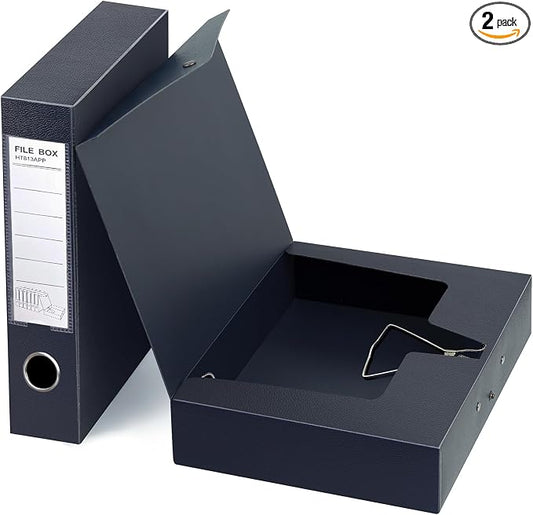 HUA JIE 2 Pack A4 Storage File Boxes Archives Case,65mm Spine,Box File Document Storage Box with Metal Clip for Office School -Black