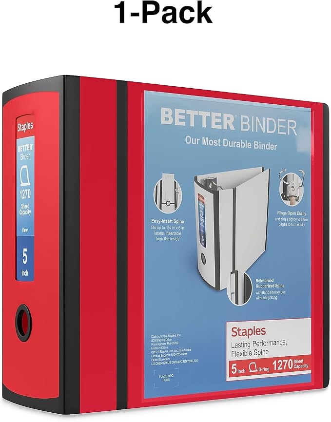 Staples Better Binder, 5" Extra‑Capacity Heavy‑Duty D‑Ring Binder, Red, Reinforced Spine, Holds 1,050 Sheets, High‑Capacity Office & Records Organizer, 2‑Pack