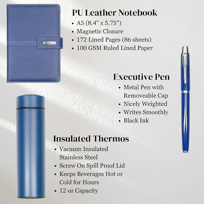 Shadow Breeze A5 Leather Notebook, Insulated Thermos and Executive Pen Gift Set in Premium Gift Box, 172 Pages 100GSM Ruled Pages, 12 oz, Great Gift for Business, School, Home (Blue)