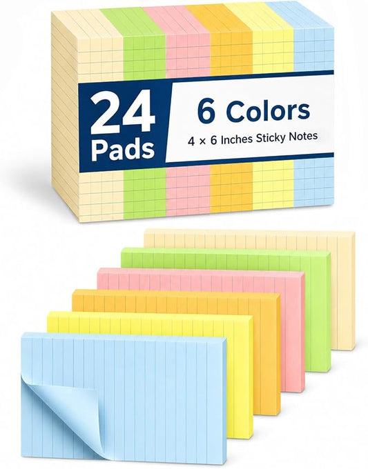 Mr. Pen- Lined Sticky Notes, 4" x 6", 24 Pads, 45 Sheets/Pad | Bulk Sticky Notes with Lines, Ruled Stickies, Memo Pads, Self-Stick Note Pad for Office, School, Home, Study & Organization