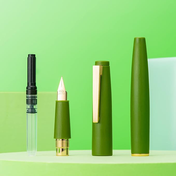Jinhao 80 Avocado Green Fiber Brushed Fountain Pen, Iridium Extra Fine Gold Nib with Ink Converter, Classic Design Smooth Writing Pen (Gold Clip)