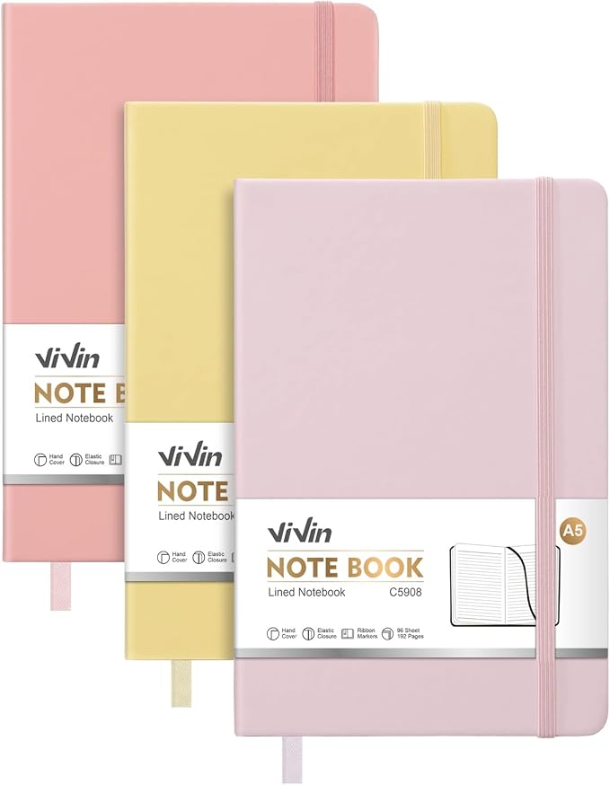 ViVin Lined Journal Notebooks,3 Pack,192 Pages,Medium 5.5 x 8.3 inch,College Ruled,A5 Hardcover Notebooks,Journaling Notebooks for Professional Office Work,Writing, School