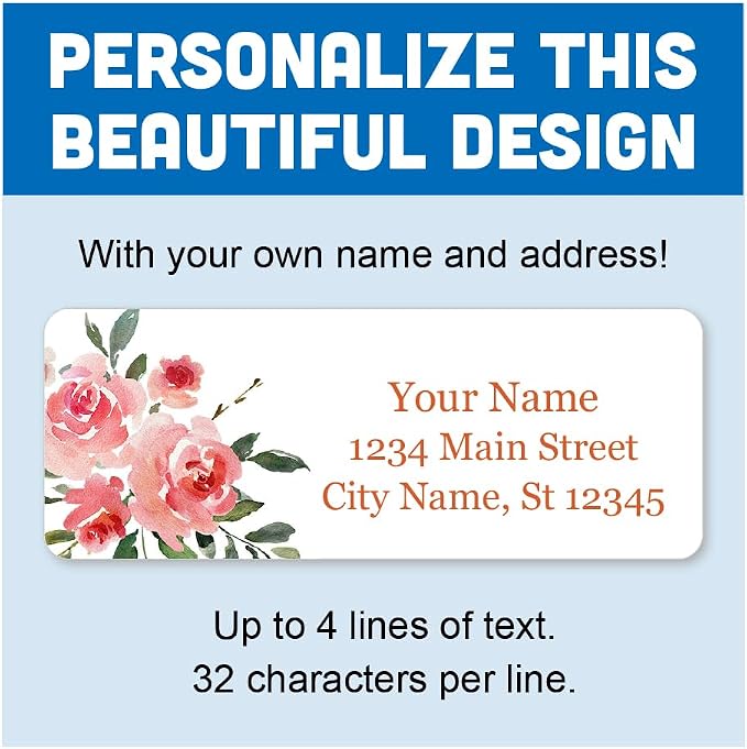 Personalized Return Address Labels - Delicate Watercolor Flowers - Self Adhesive Stickers (60-1000 Full Color Labels)
