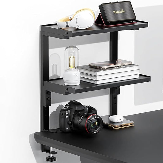 Spacrea Clamp on Desk Shelf, 2 Tier Office Desk Shelves Organizer, Wood Desktop Supplies Storage Rack, Desk Organizers and Accessories (Black)