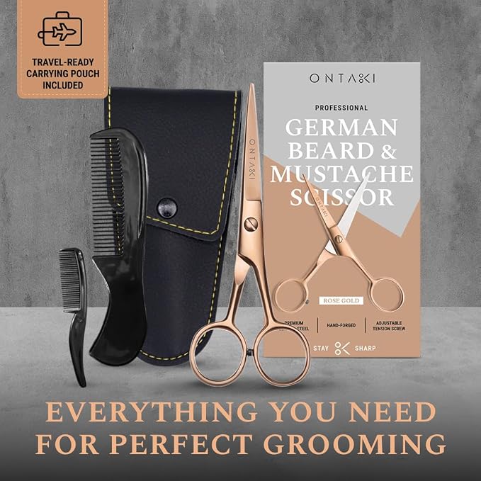 Ontaki 5" Beard & Mustache Scissor with Combs for Men - Rose Gold | 410C Durable German Steel, Ergonomic Travel Friendly Design for Facial Hair - Beard Grooming Kit & Case Perfect for Styling