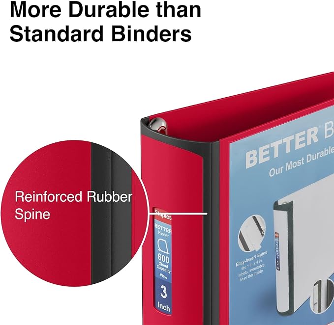 Staples Better Binder, 3" Heavy‑Duty D‑Ring 3‑Ring Binder, Red, Reinforced Spine, Holds 600 Sheets, Durable Organizer for Office, School & Presentations, 2‑Pack