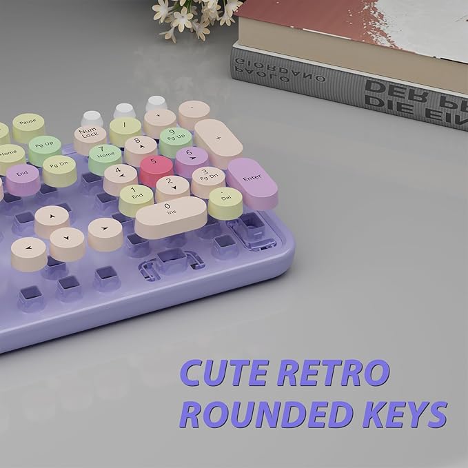 Kootop Wireless Computer Keyboard and Mouse Combo,Colorful Purple | Ergonomic Full Size Typewriter Retro Round Keycaps Keyboard, Compatible with Windows, PC, Perfer for Home and Office