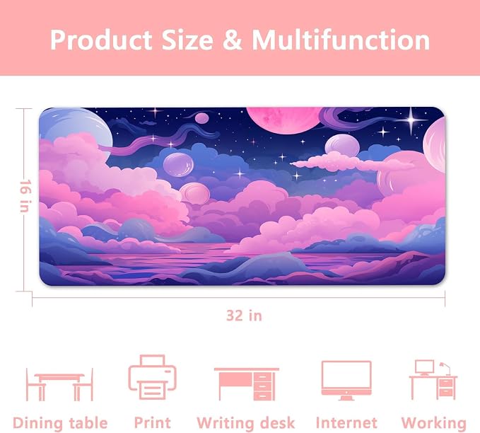 Britimes Pink Blue Planet and Clouds Desk Mat Cute Colorful Sky Deak Pad Non-Slip PU Leather Large Keyboard Mouse Pad Office Desktop Accessories for Office,Work,Home Decor(31.5"X15.7")