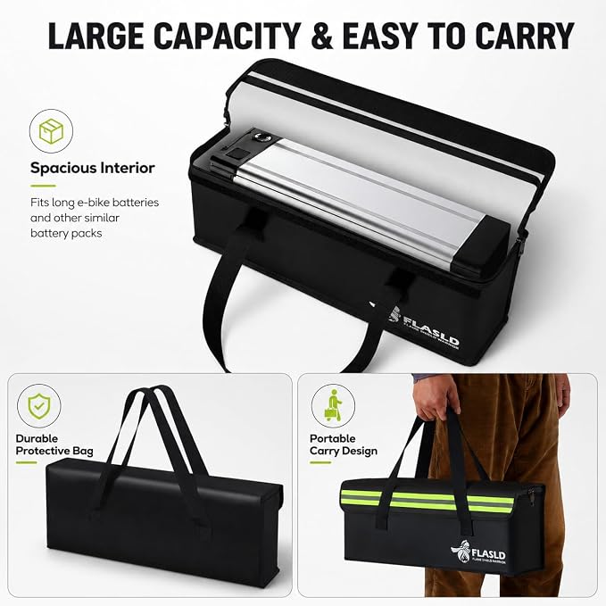 FLASLD 2-Pack E-Bike Battery Bag Fireproof Safe Charging Bag Explosionproof Lipo Battery Bag Large Capatity for Storage Charging (16 x 4.3 x 5in)