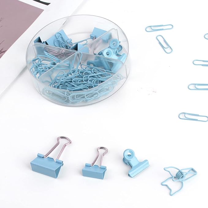 Paper Binder and Clips Set, Metal Assorted Sized Binders with Push Pins, Cute Office Supplies, Teacher Desk Must Haves, Cute Desk Accessories (72, Blue, 1 Pack)