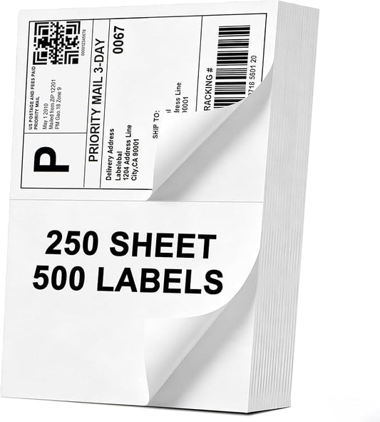 (500 Labels/250 Sheets) Labelebal Half Sheet Labels, Shipping Labels 2 Per Sheet for Laser & Inkjet Printers, 8.5" x 5.5" Address Labels, Totally 500 Pcs Half Sheet Shipping Labels