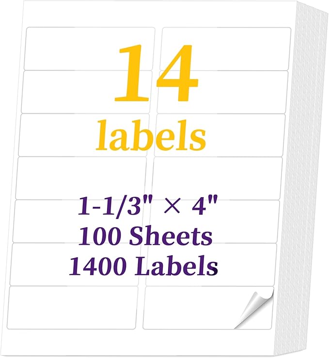 1400 Labels 100 Sheets 4" x1-1/3 14 up Mailing Sticker Paper for Laser & Inkjet Printer, 14 Per Page Address Labels for Packages Adhesive, 4” x 1.33" Printable Label
