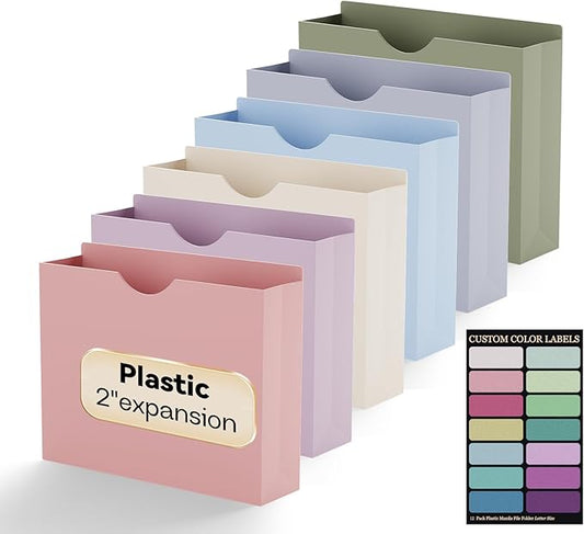 Plastic File Jackets Letter Size,2 Inch Expanding File Folde | 12 Pack Manilla Pocket Folders for Documents,Heavy Duty Expansion Pocket,Job Folders with Straight Cut Tabs,Morandi Color