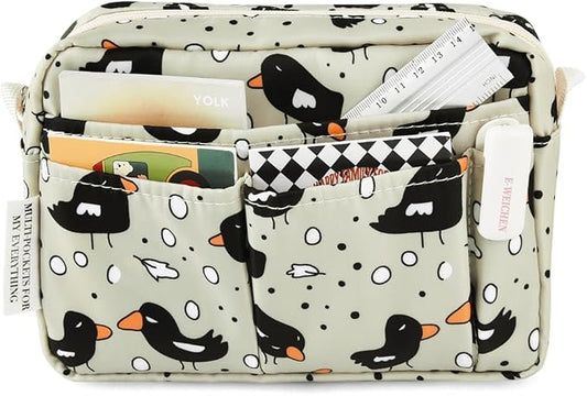 E-WEICHEN Multiple Pockets Portfolio Organizer with Zippered, Makeup Bag Travel Essentials for Women, Simple Waterproof Stationery Pencil Pouch Bag for Journal Office Art Supplies.Beige Bird