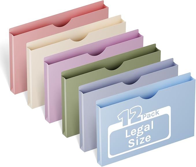 ANSOOK Plastic File Jackets File Pockets,1" Legal Size Manila File Folder,12 Pack Project File Folders,Heavy Duty Manila Pocket Folder for Cabinet,Assorted Colors Manila Job Folder for Office School