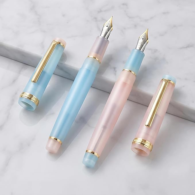Jinhao 82 Acrylic Fountain Pen Set (2 Pack), Fine Nib Pen, Pink & Blue | Smooth refillable writing pens with converter for journaling, calligraphy & office use. Features a translucent body.