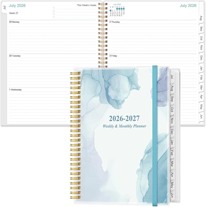 2026-2027 Planner - Planner 2026-2027 from July 2026 - June 2027 with 12 Monthly Tabs, Flexible Cover, Inner Pocket, 8.5" x 11", Blue Watercolor